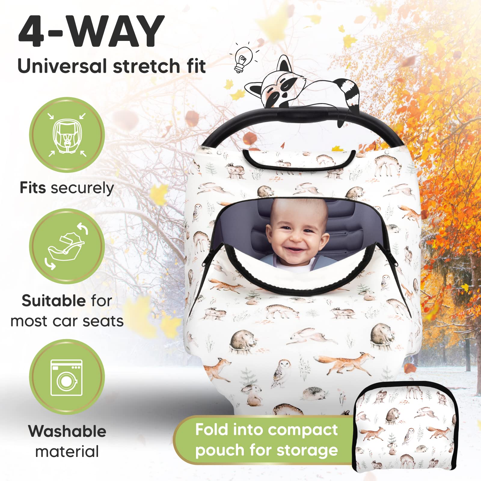 KeaBabies Car Seat Cover for Babies and 3-Pack Baby Beanies, Baby Hats - Baby Car Seat Canopy for Spring, Autumn, Winter - Newborn Hats - Universal Stretch Fit Car Seat Cover for Babies, Boys, Girls