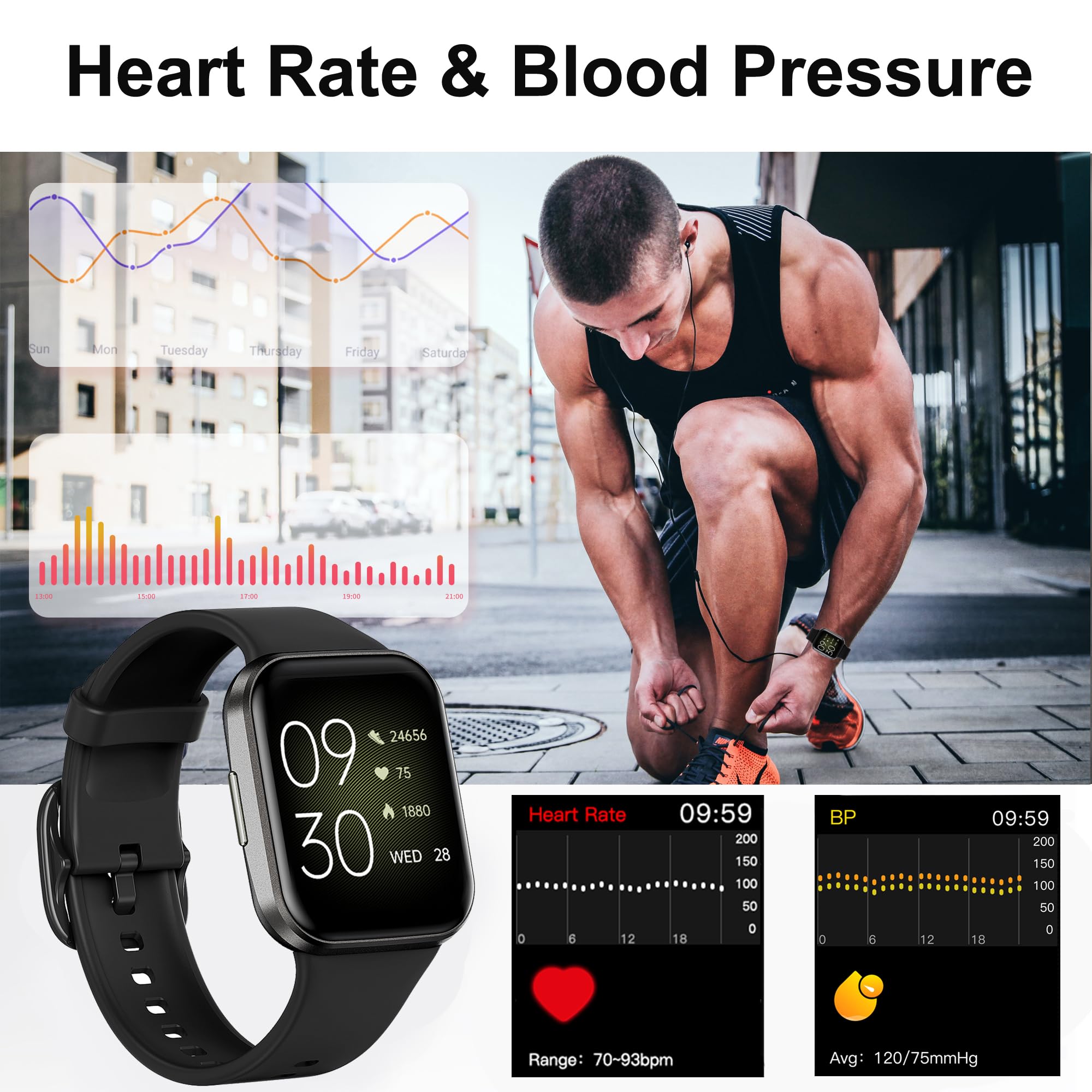 Fitness Tracker Heart Rate Monitor Blood Pressure Watch Pedometer Waterproof Blood Oxygen Monitor Sleep Step Counter Sport Wrist Watch for Women Men Smartwatch for Android Phones Compatible iPhone