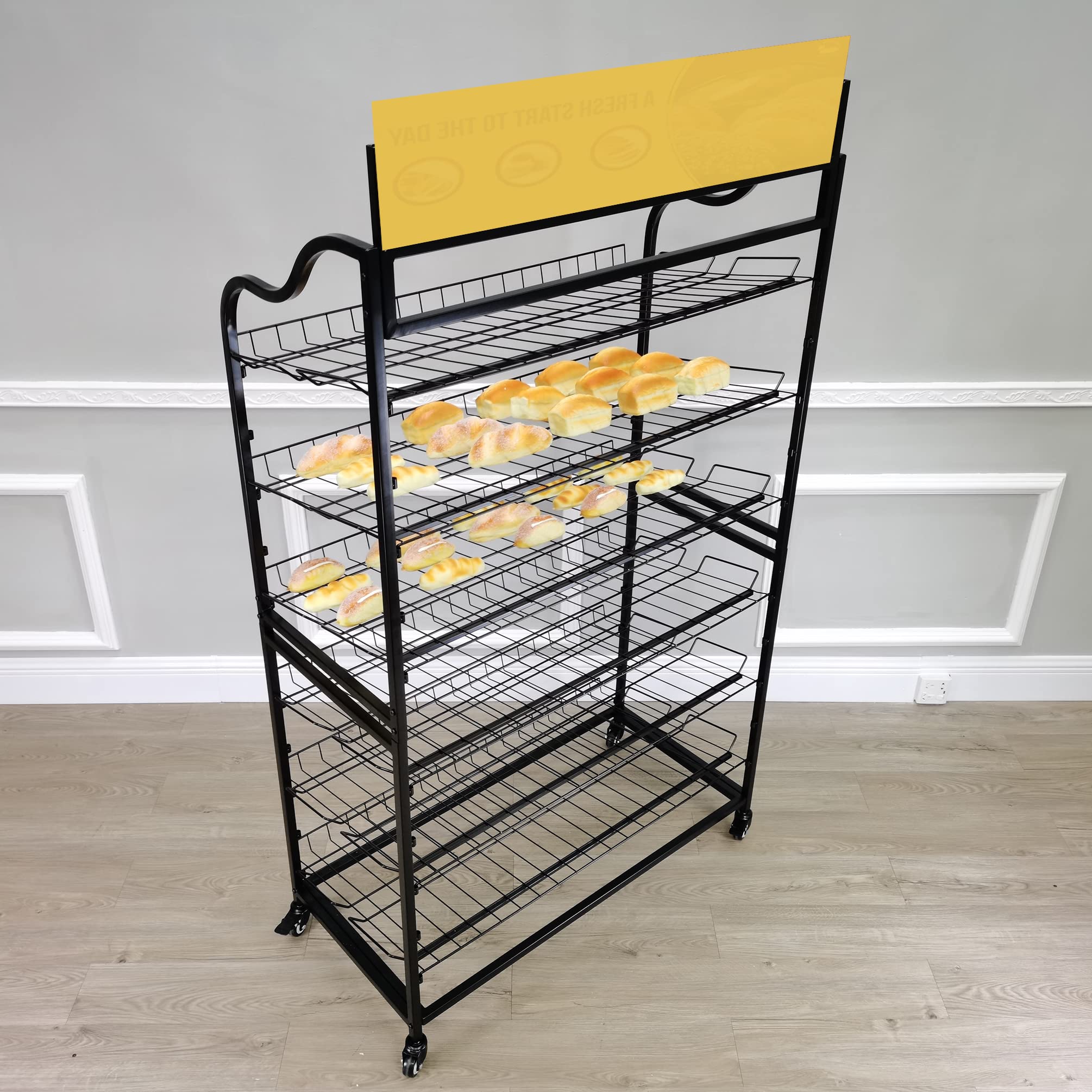 FixtureDisplays® Wide Metal Bakery Display Rack on Wheels, 6 Shelves with Header Holder, 39.5" Wide X 18.5" Deep X 67.8" Black 19399-New-NF