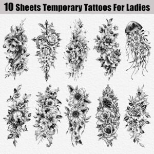 Cerlaza Half Sleeves Temporary Tattoos for Women, Half Arm Sleeve Fake Tattoo Stickers for Body Makeup, Large Black Flower Realistic Temp Tattoos for Girls Adult - 10 Sheet