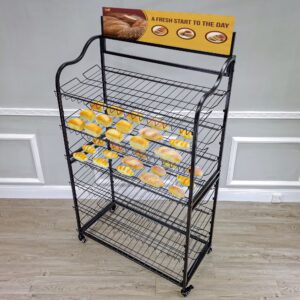 FixtureDisplays® Wide Metal Bakery Display Rack on Wheels, 6 Shelves with Header Holder, 39.5" Wide X 18.5" Deep X 67.8" Black 19399-New-NF