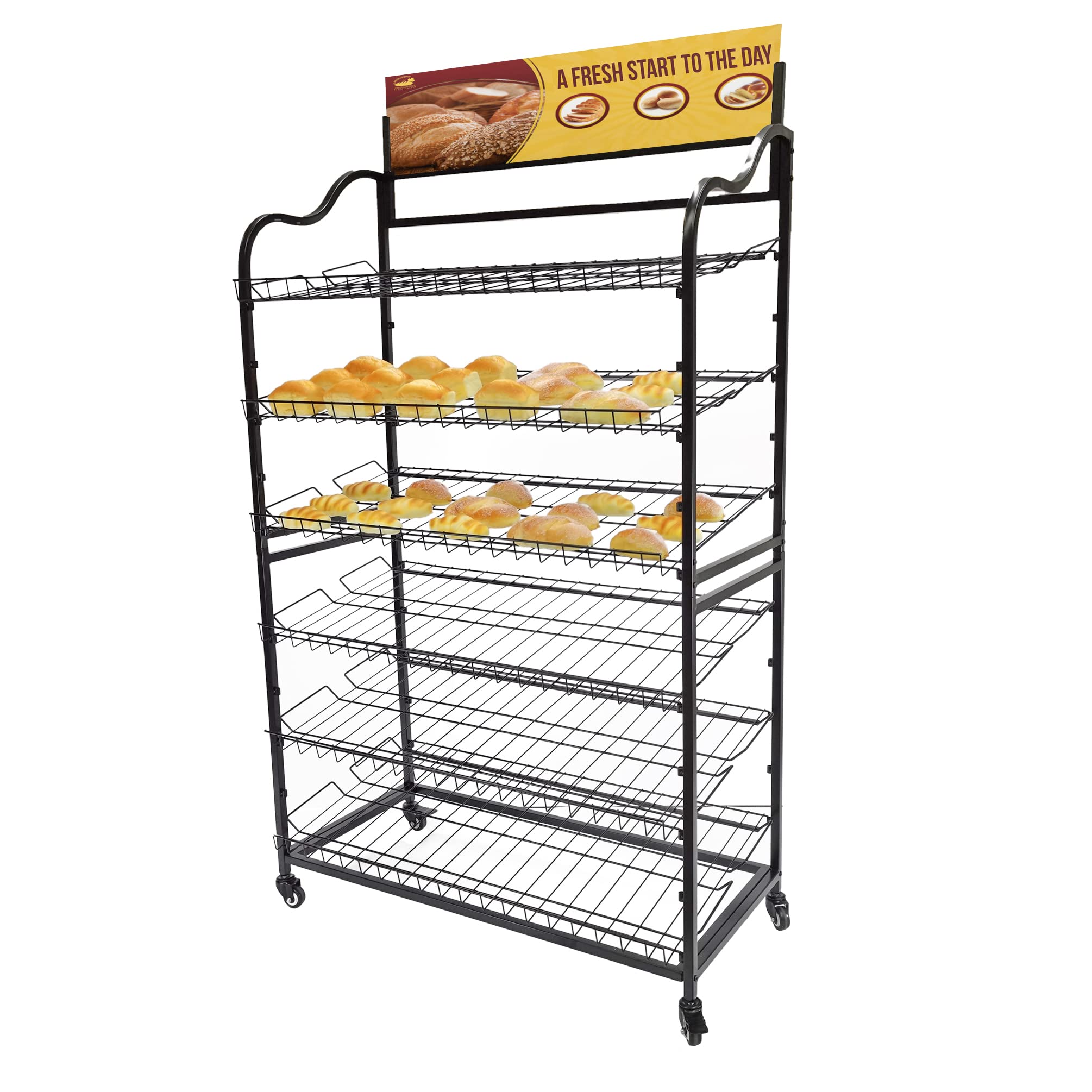 FixtureDisplays® Wide Metal Bakery Display Rack on Wheels, 6 Shelves with Header Holder, 39.5" Wide X 18.5" Deep X 67.8" Black 19399-New-NF