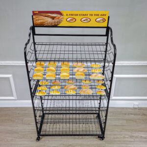 FixtureDisplays® Wide Metal Bakery Display Rack on Wheels, 6 Shelves with Header Holder, 39.5" Wide X 18.5" Deep X 67.8" Black 19399-New-NF