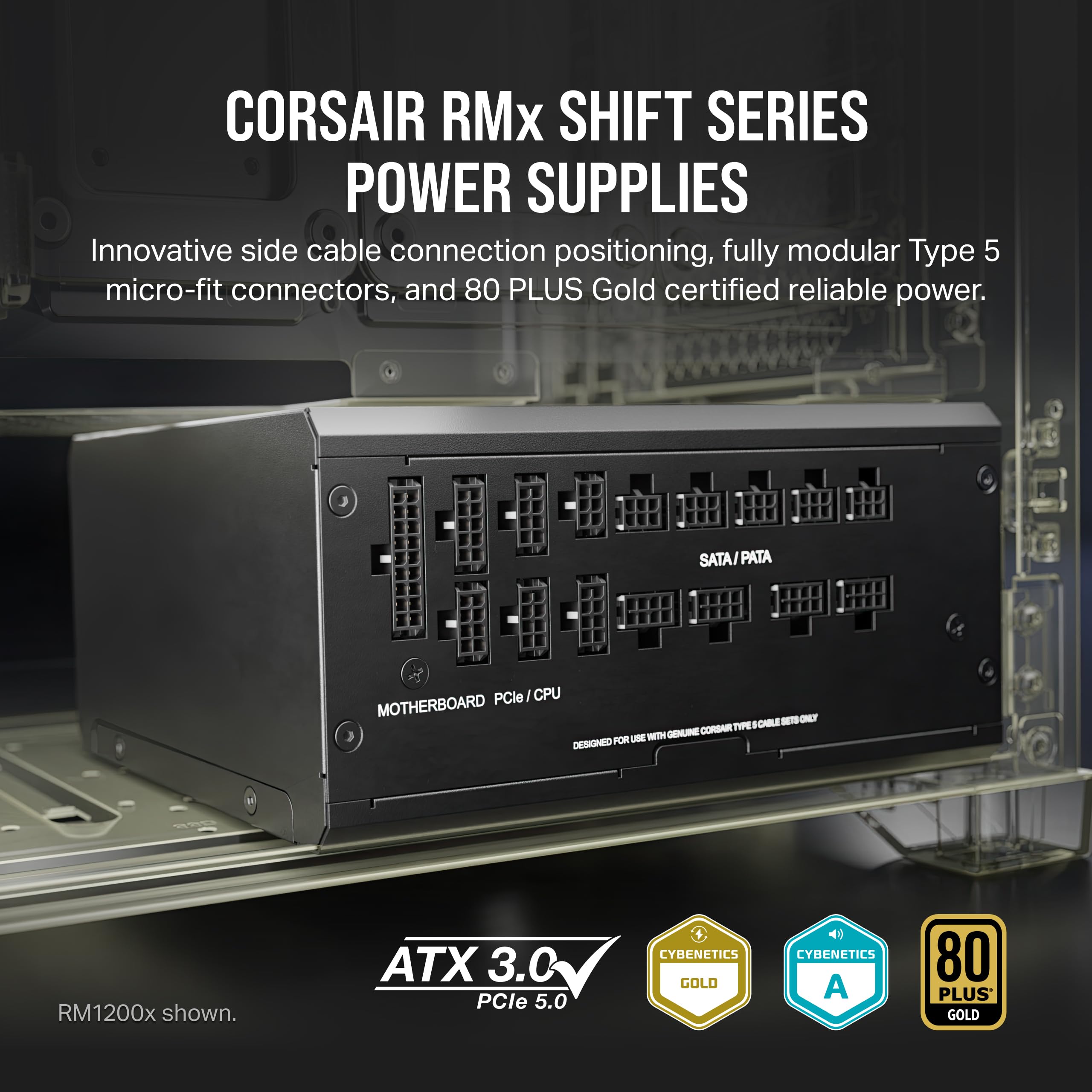 Corsair RM850x SHIFT Fully Modular ATX Power Supply - 80 PLUS Gold - ATX 3.0 - PCIe 5.0 - Zero RPM - Modular Side Interface - Black