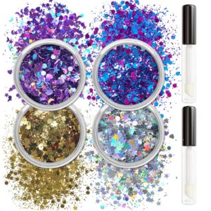 allstarry holographic chunky body glitter 4 colors cosmetic face glitter face paint sparkle eye flakes festival hair sequins mermaid rave accessories with body glue for women makeup nails diy crafts