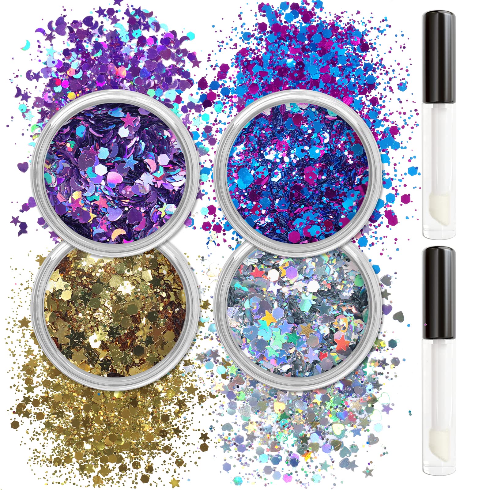 Allstarry Holographic Chunky Body Glitter 4 Colors Cosmetic Face Glitter Face Paint Sparkle Eye Flakes Festival Hair Sequins Mermaid Rave Accessories with Body Glue for Women Makeup Nails DIY Crafts