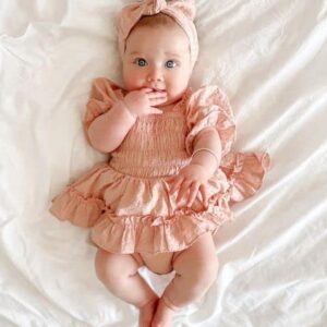 Socutebabe Baby Girl Smocked Romper Dress Vintage Dresses Bubble Onesie Cute Summer Clothes Outfit with Headband 6-12 Months Boho Pink