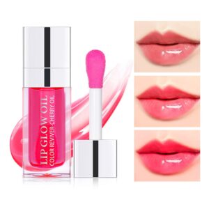 2 PCS Plumping Lip Oil, Hydrating Lip Gloss Tinted Lip Balm Lip Care Transparent Toot Lip Oil, Long Lasting Nourishing Lip Glow Oil Big Brush Head Glitter Shine Primer Lip Tint (CHERRY + ROSEWOOD)