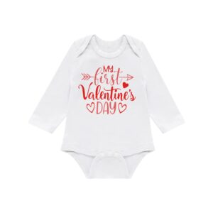 bakjuno Newborn Baby Girl My First Valentine's Day Outfit Set Long Sleeve Tops Cute Heart Printed Pants with Headband (6-9 Months,White)