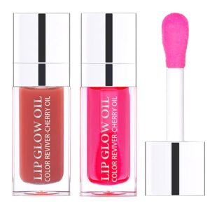 2 pcs plumping lip oil, hydrating lip gloss tinted lip balm lip care transparent toot lip oil, long lasting nourishing lip glow oil big brush head glitter shine primer lip tint (cherry + rosewood)