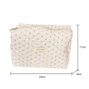 Lushandy Makeup Bag Cotton Travel Cosmetic Bag Cute Pouch Toiletry Bag Quilted Floral Organizer Bag Large Capacity Coquette Aesthetic Portable Storage Zipper Purse for Women