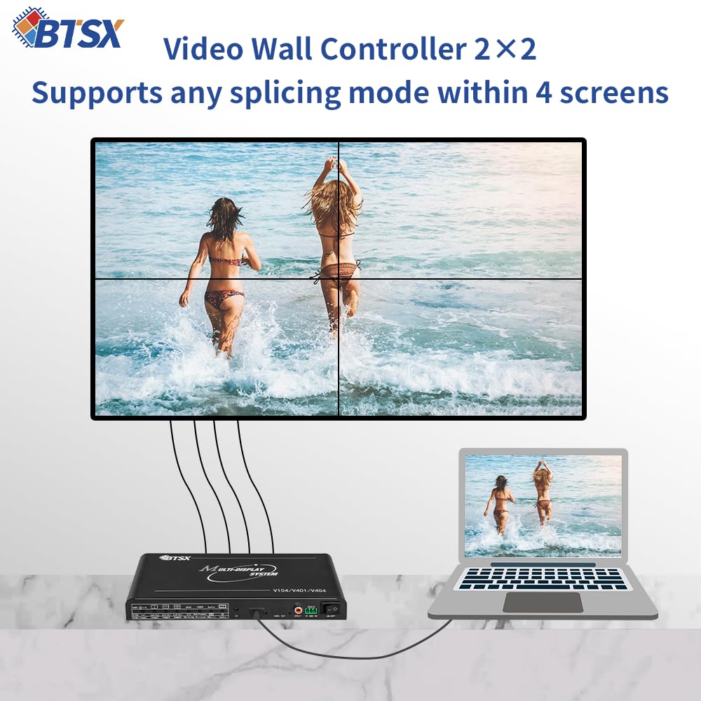 Video Wall Controller 2x2 4k60Hz BTSX TV Wall Controller HDMI Input 4K & Output 1080P with 10 Splicing Modes Support 180 Degree Rotate for All Modes