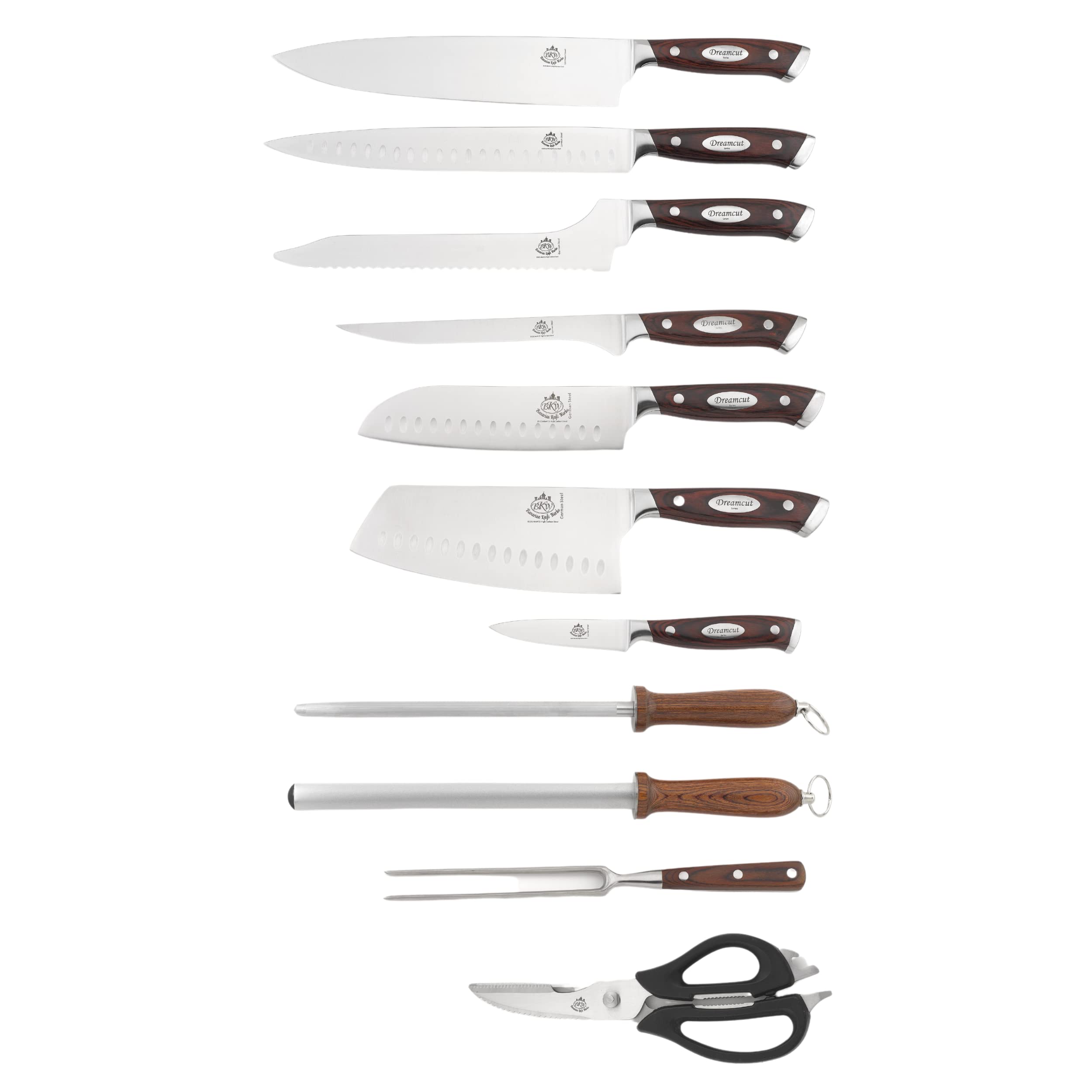 Bavarian Knife Works 12 PCS Kitchen Knife Set, Razor Sharp Blades, Made of German Steel, Ergonomic Pakkawood Handle, Light Weight Easy to Sharpen, No Steak Knives