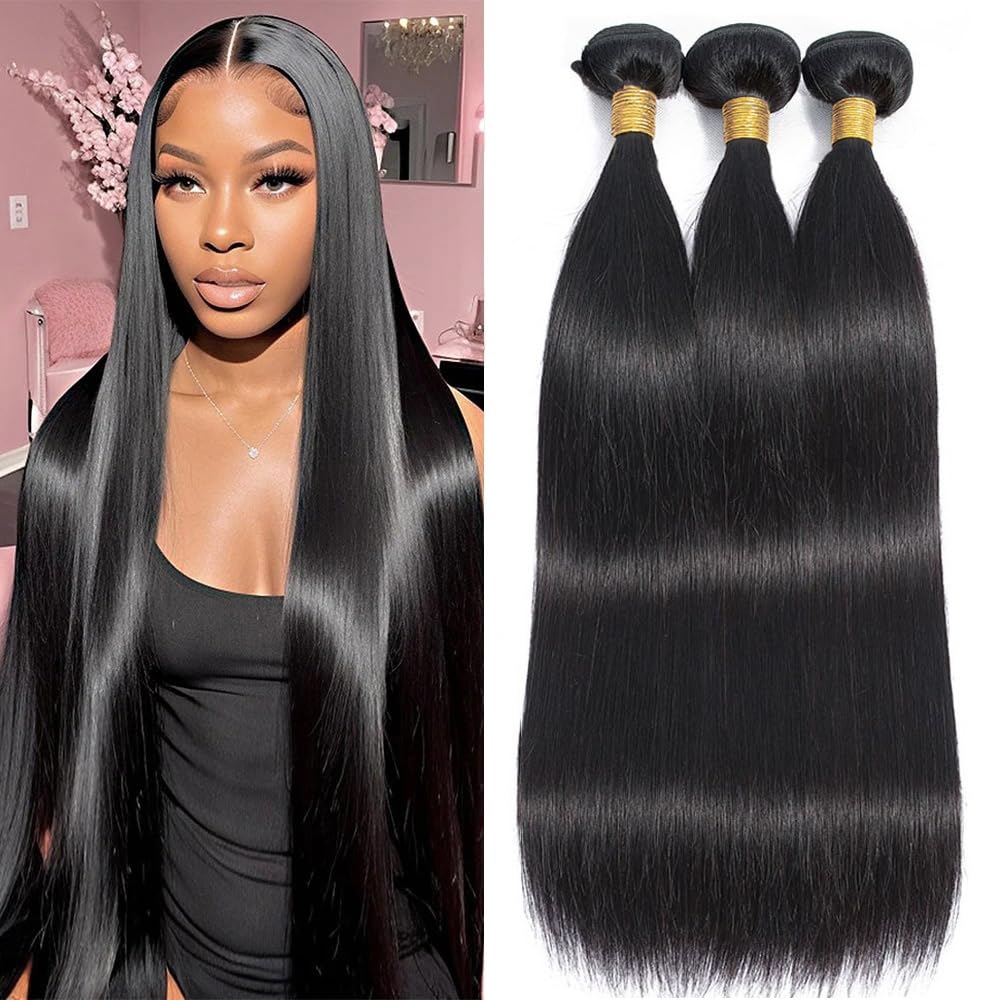 10A Straight Bundles Human Hair 16 18 20 Inch Brazilian 100% Unprocessed Virgin Weave 3 Natural Black Color