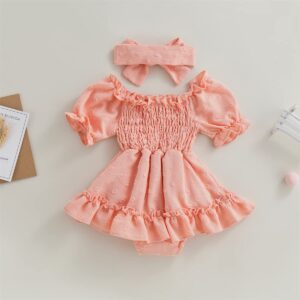 Socutebabe Baby Girl Smocked Romper Dress Vintage Dresses Bubble Onesie Cute Summer Clothes Outfit with Headband 6-12 Months Boho Pink