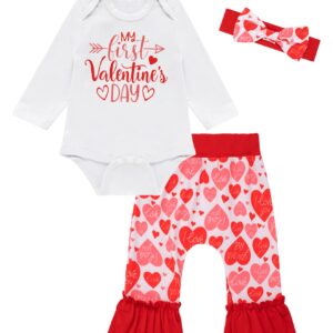 bakjuno Newborn Baby Girl My First Valentine's Day Outfit Set Long Sleeve Tops Cute Heart Printed Pants with Headband (6-9 Months,White)