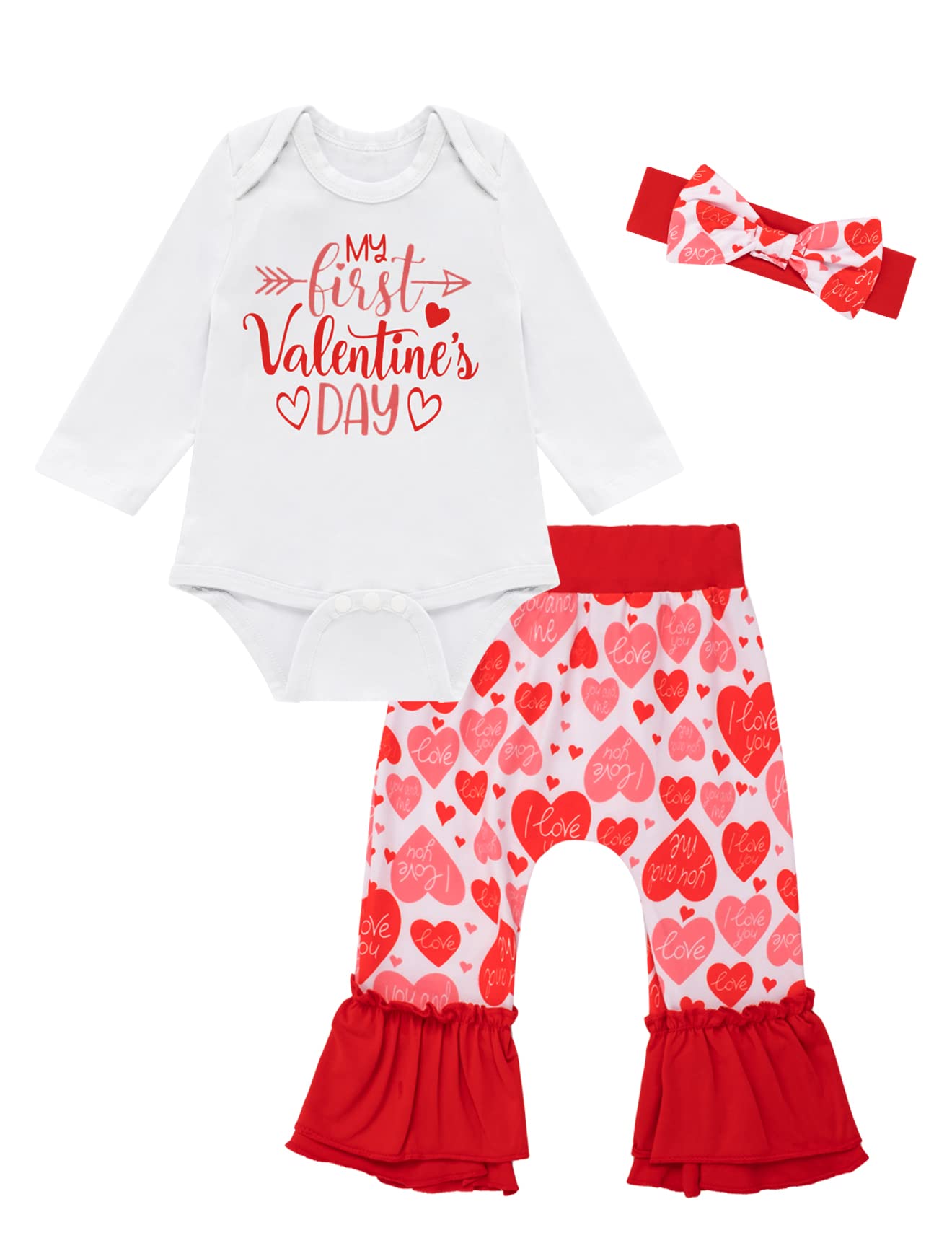 bakjuno Newborn Baby Girl My First Valentine's Day Outfit Set Long Sleeve Tops Cute Heart Printed Pants with Headband (6-9 Months,White)