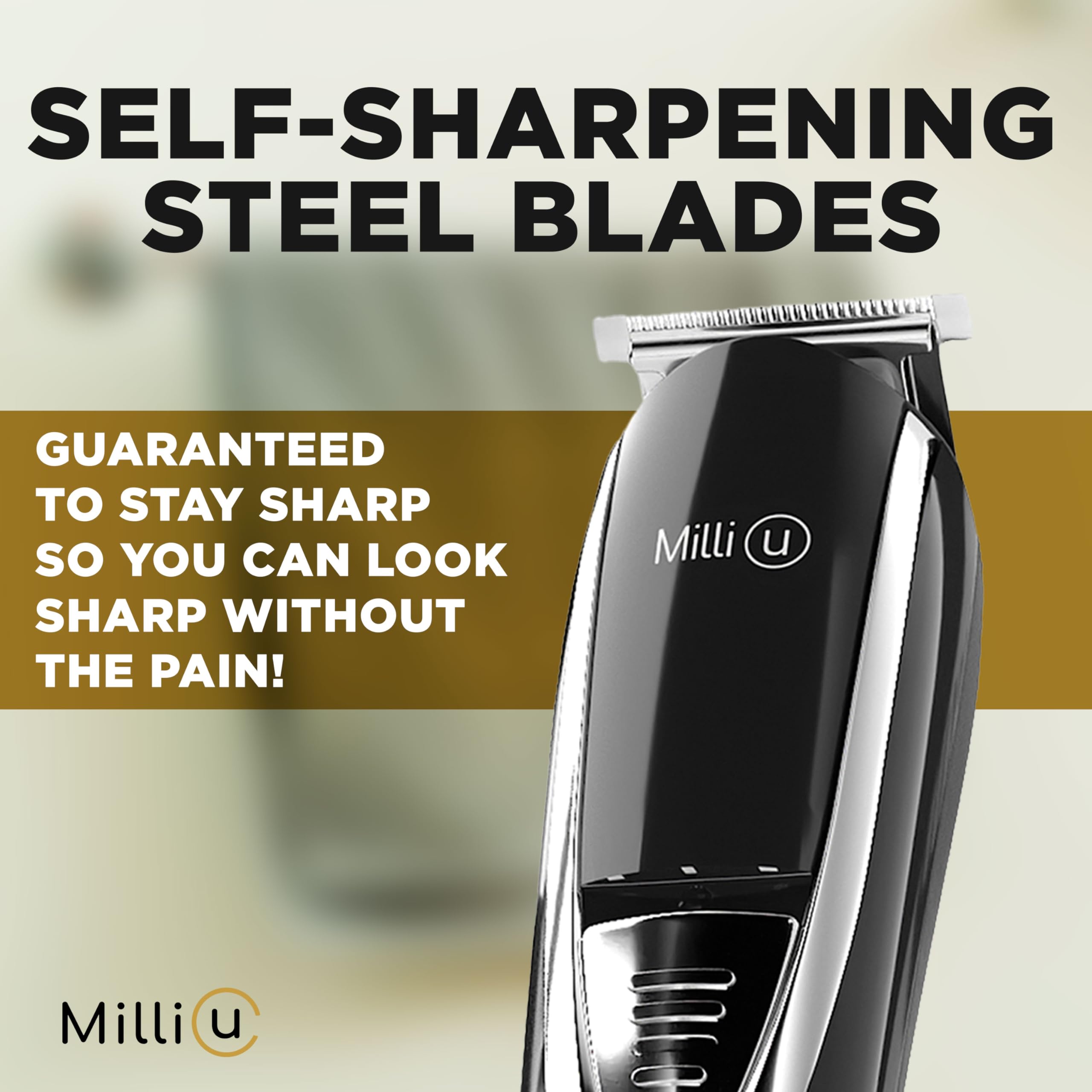 Milli-U Men's Waterproof Cordless Beard and Body Hair Trimmer, Self-Sharpening Steel Blades, 13 Multigroom Attachments, 1 Year Risk Free Guarantee