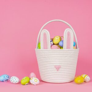 CubesLand Easter Bunny Basket Easter Buckets for Kids with Ear, Easter Egg Hunt Basket Bags Easter Gifts for Girls Baby Kids Children Pink White 9.8 x 7.8 x 7.8”