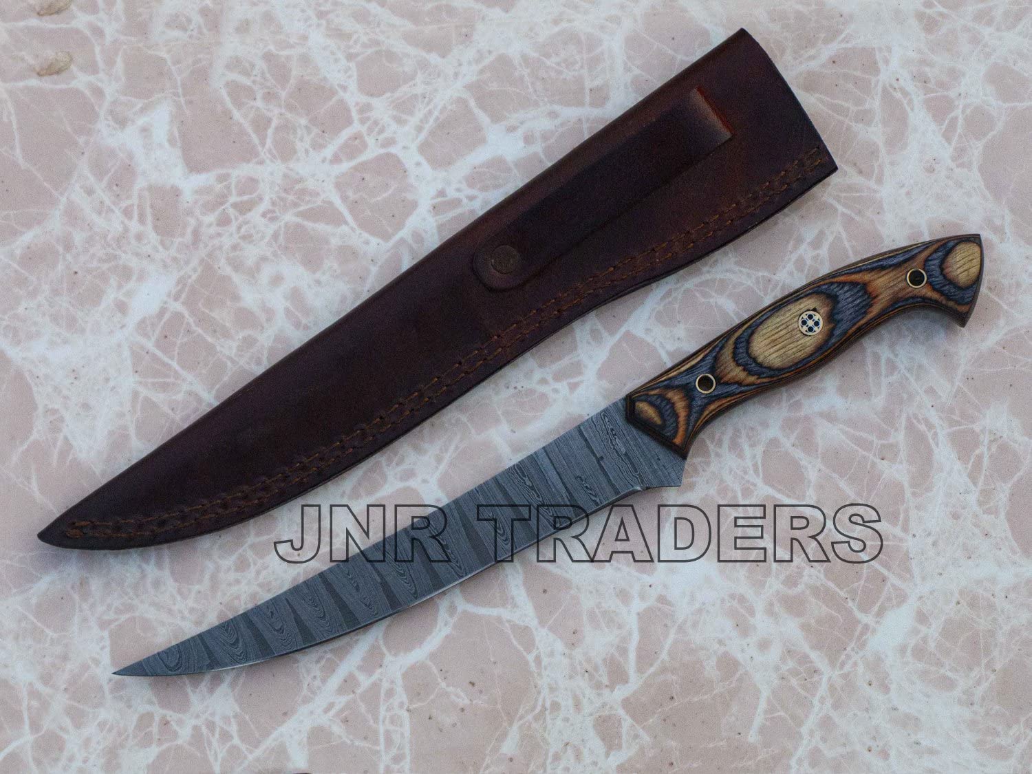 JNR Traders Damascus Boning Knife for Meat Cutting 13" Handmade Fillet Knife Thin Sharp Chef Kitchen Knife with Leather sheath Wood Handle vk3731