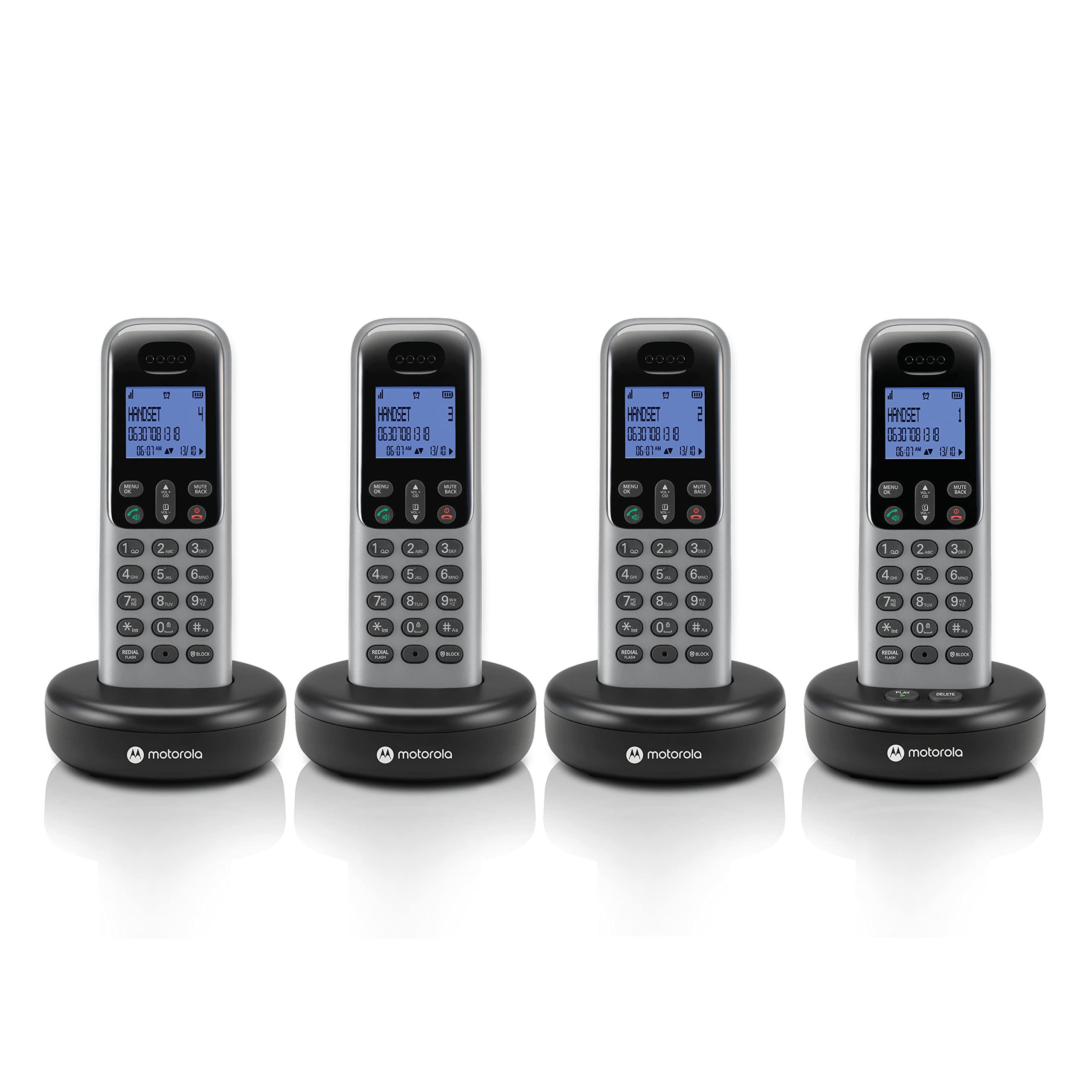 Motorola Voice Cordless Phone System w/ 4 Digital Handsets + Answering Machine, Remote Access, Call Block - Dark Grey (T614)