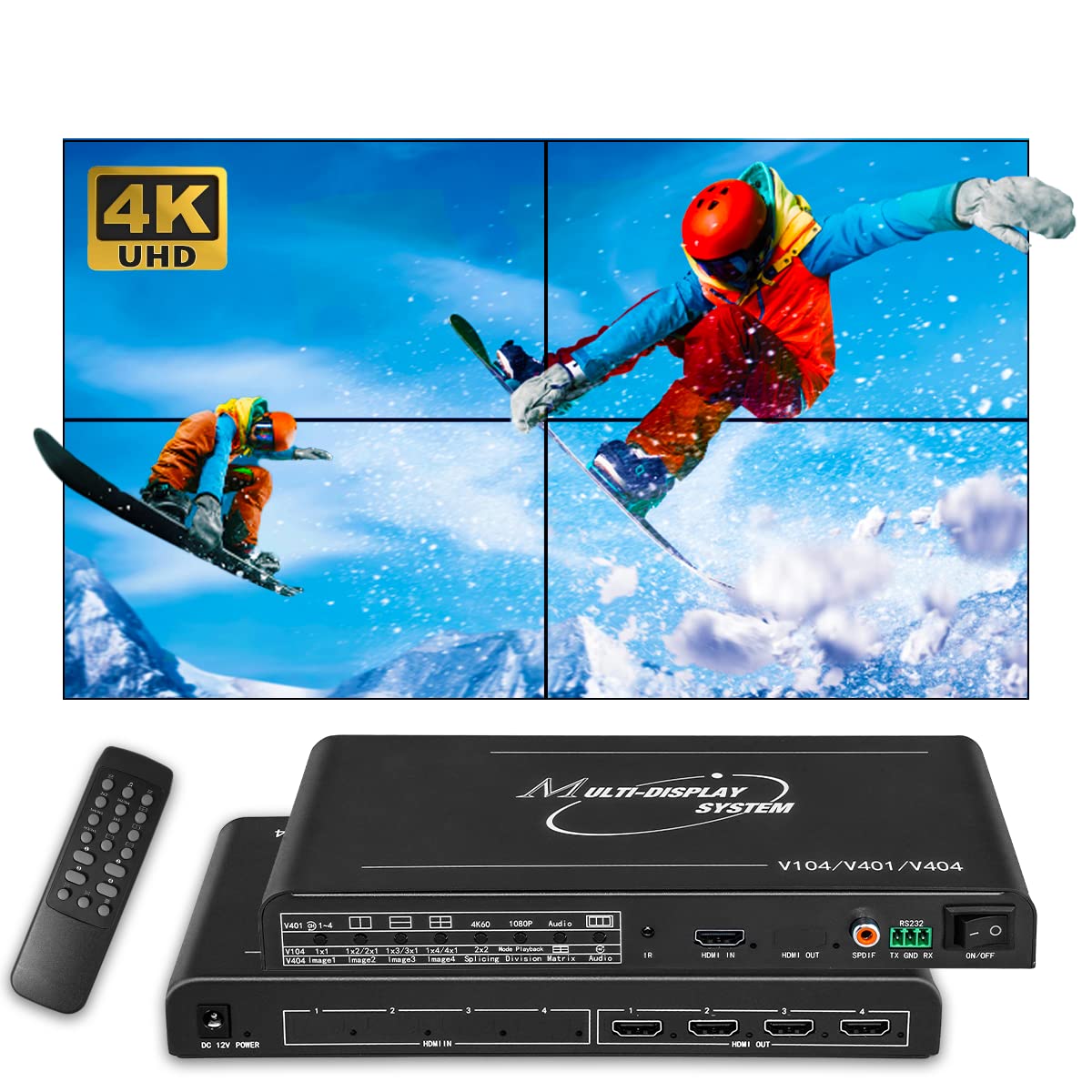 Video Wall Controller 2x2 4k60Hz BTSX TV Wall Controller HDMI Input 4K & Output 1080P with 10 Splicing Modes Support 180 Degree Rotate for All Modes