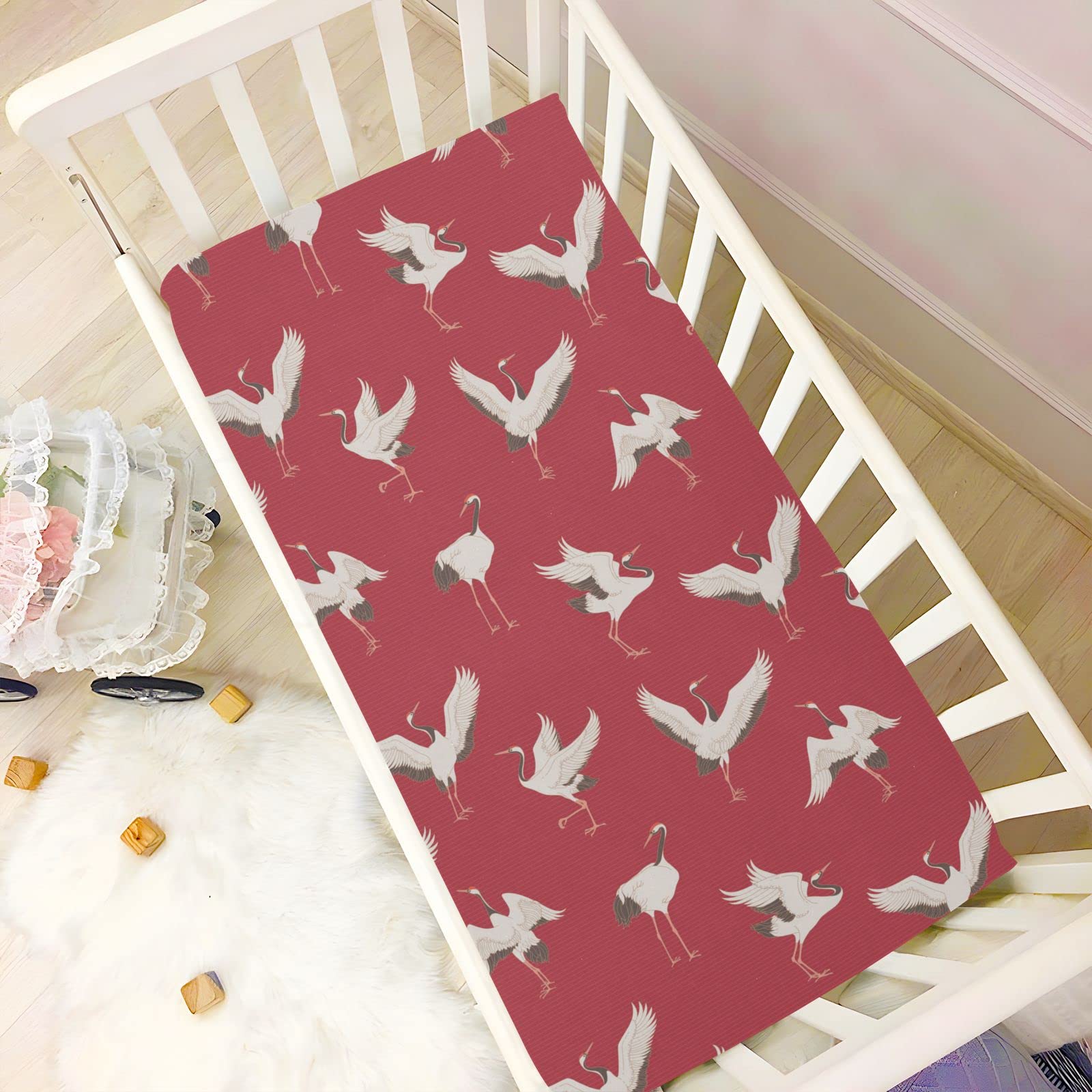 Fitted Playard Sheets Mini Crib Sheets Stretchy for Baby Girl Red Japanese Cranes Soft Neutral