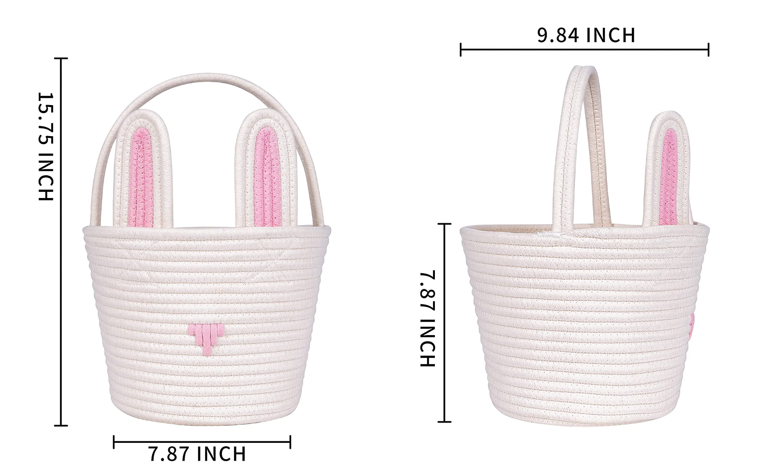 CubesLand Easter Bunny Basket Easter Buckets for Kids with Ear, Easter Egg Hunt Basket Bags Easter Gifts for Girls Baby Kids Children Pink White 9.8 x 7.8 x 7.8”