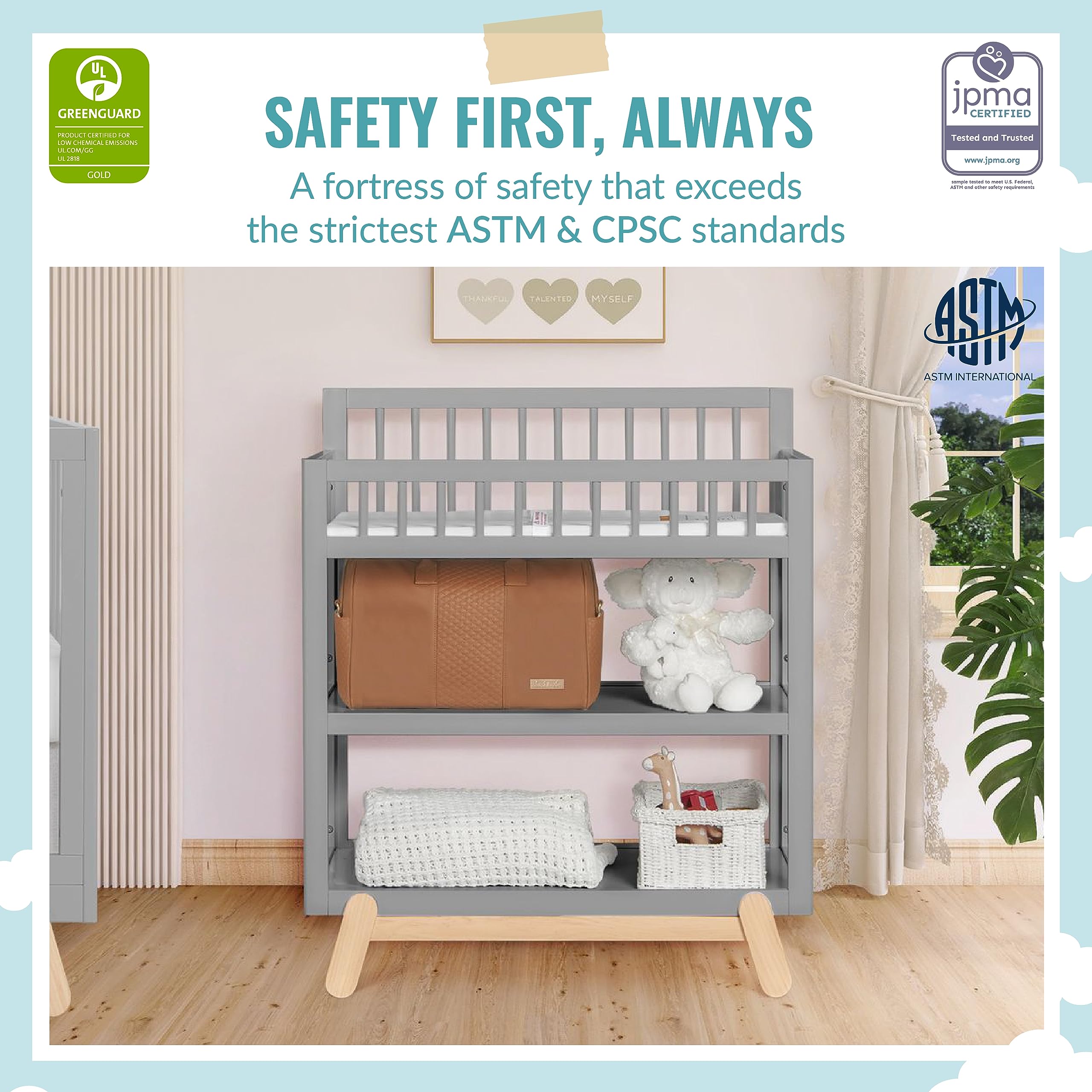 Dream On Me Hygge Changing Table in Pebble Grey Oak, Greenguard Gold & JPMA Certified, Comes with Safety Belts & 1” Changing Pad, Easy to Clean, Safe Wooden Furniture