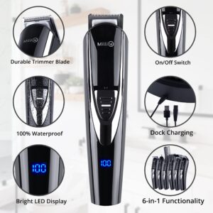 Milli-U Men's Waterproof Cordless Beard and Body Hair Trimmer, Self-Sharpening Steel Blades, 13 Multigroom Attachments, 1 Year Risk Free Guarantee