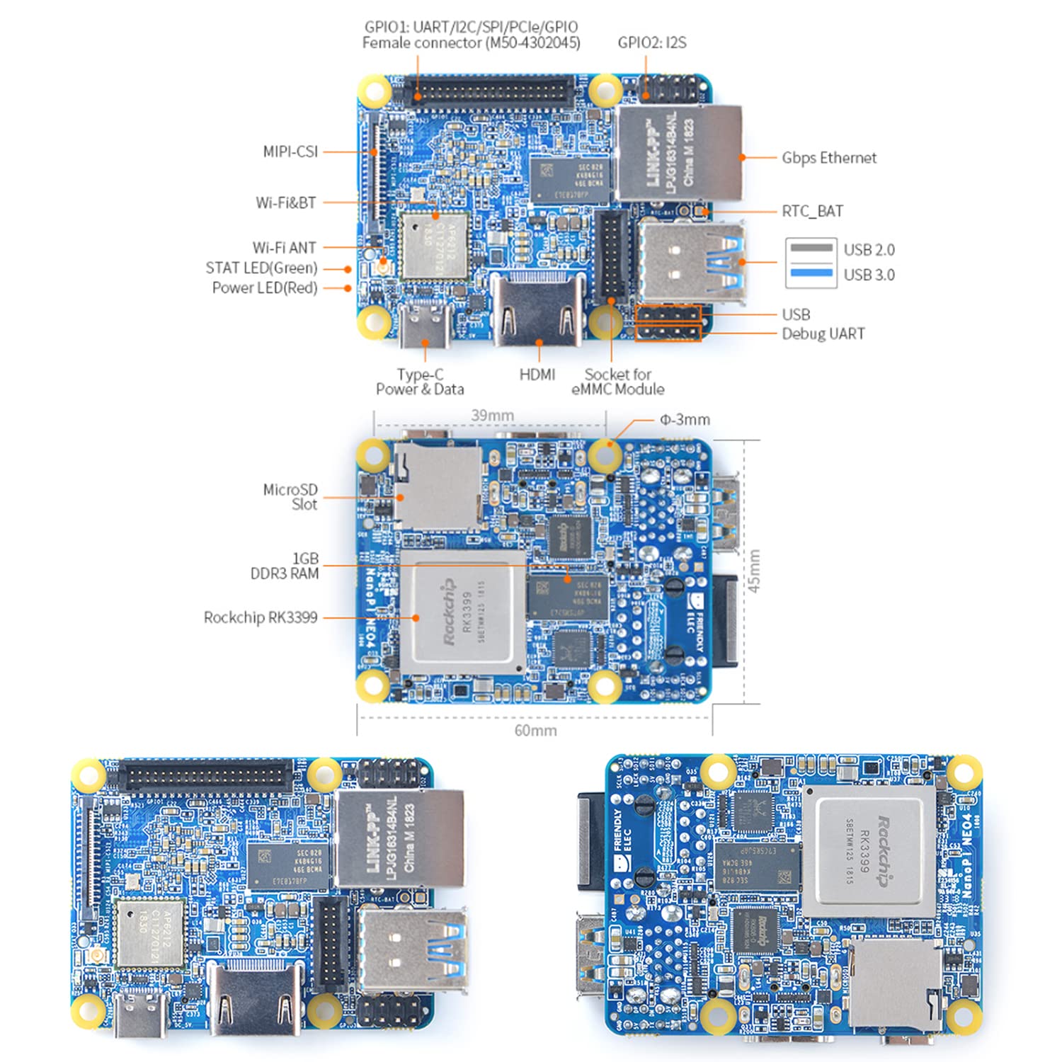 NanoPi NEO4 Open Source 64-bit 2.0GHz Rockchip RK3399 Single Board Computer onboard 1GB DDR3-1866 RAM for AI Depth Calculation/Game Console Run FriendlyWrt and Ubuntu Core