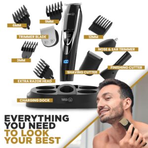 Milli-U Men's Waterproof Cordless Beard and Body Hair Trimmer, Self-Sharpening Steel Blades, 13 Multigroom Attachments, 1 Year Risk Free Guarantee