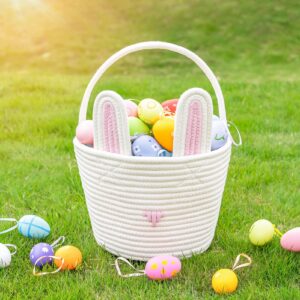 CubesLand Easter Bunny Basket Easter Buckets for Kids with Ear, Easter Egg Hunt Basket Bags Easter Gifts for Girls Baby Kids Children Pink White 9.8 x 7.8 x 7.8”