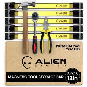 alien system magnetic tool holder strip 5 pack (60" total) - tough pvc sticker coated magnet strip for tools - get your tools organized