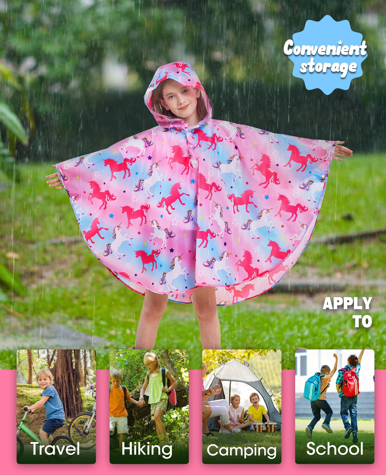 WAWSAM Lightweight Kids Rain Poncho Reusable Toddler Raincoat Waterproof Girls Rain Jacket