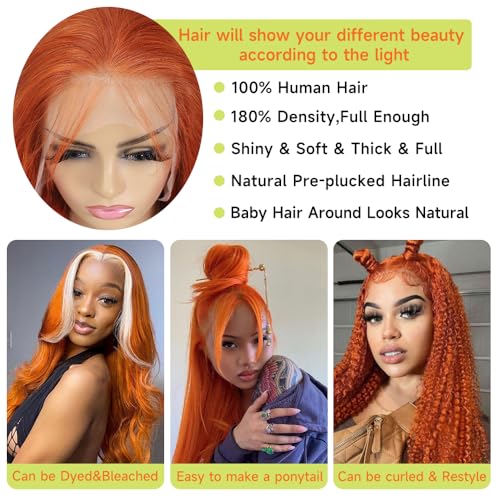 Ginger Orange Lace Front Wigs Human Hair Pre Plucked Straight 13x4 HD Lace Frontal Human Hair Wigs Ginger Wig Lace Front Human Hair with Baby Hair 180% Density Ginger Human Hair Wig 22 Inch