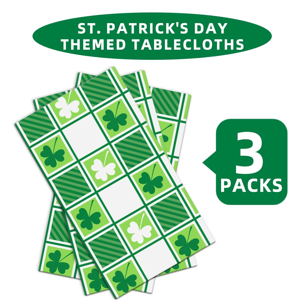 Labeol St Patricks Day Tablecloth, 3 PCS St Patrick's Shamrock Tablecloth, 54"x108" Clover Green Disposable Vinyl Rectangle Tablecloth, St Patricks Day Decorations for Irish Festival St. Patrick's Day