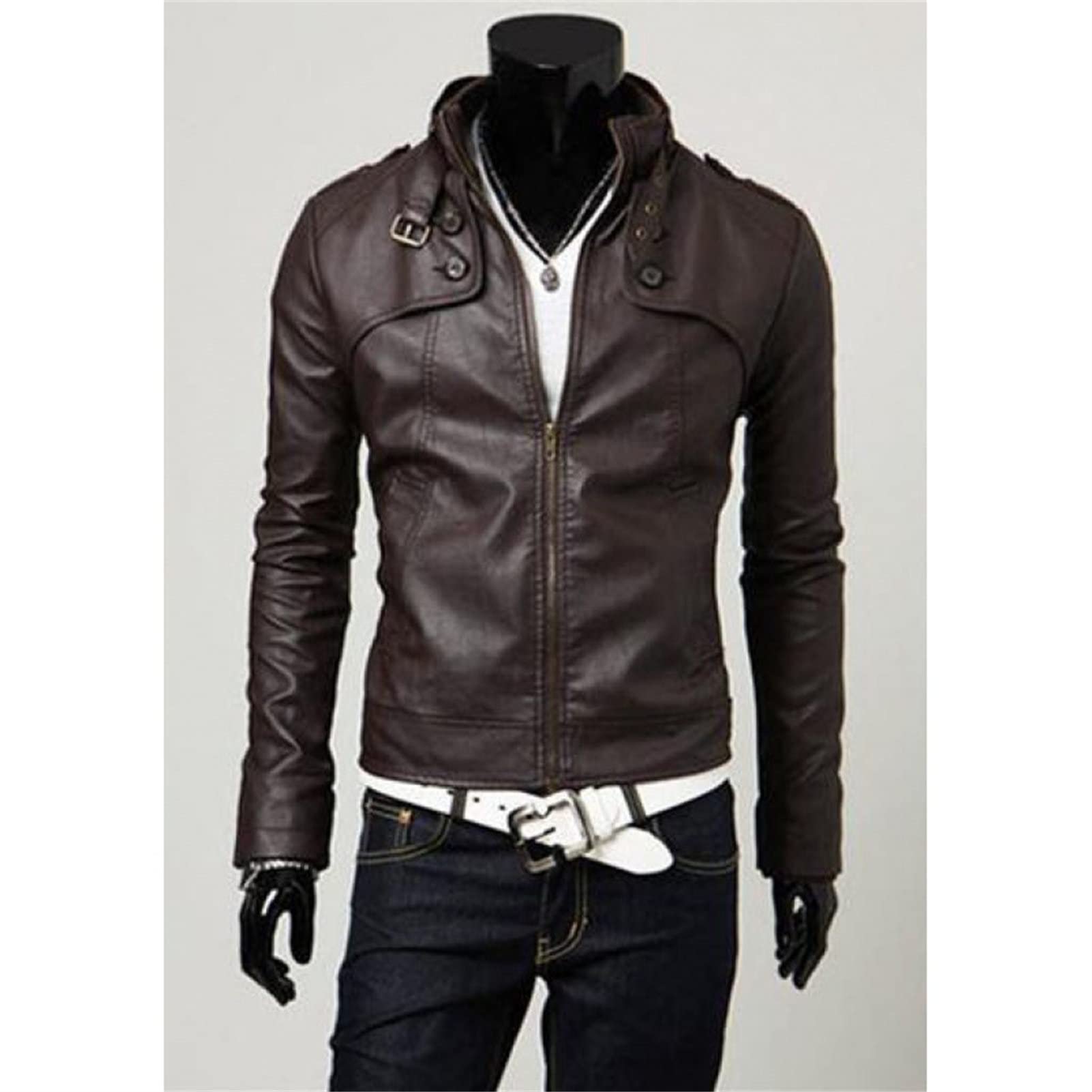 Maiyifu-GJ Men Stand Collar Faux Leather Jacket Regular Fit Stylish Motorcycle Jackets Lightweight Pu Vintage Outwear Coat (Dark Brown,Small)