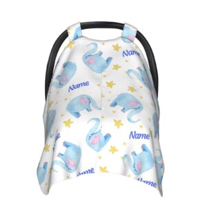 personalized watercolor elephant baby car seat canopy for babies with name, custom name cover for boys and girls, opening minky nursing breastfeeding cover infant car seat canopies for newborn