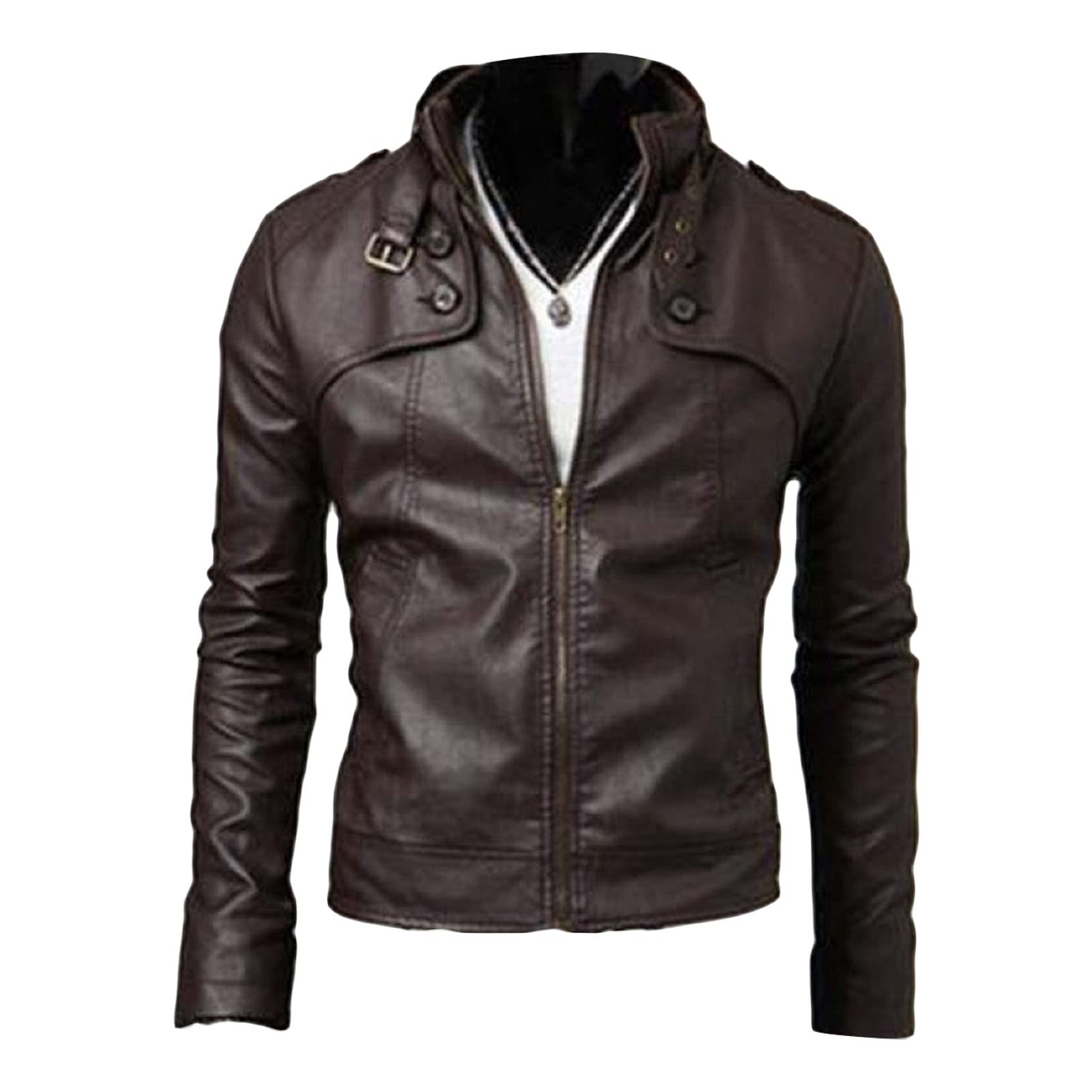 Maiyifu-GJ Men Stand Collar Faux Leather Jacket Regular Fit Stylish Motorcycle Jackets Lightweight Pu Vintage Outwear Coat (Dark Brown,Small)