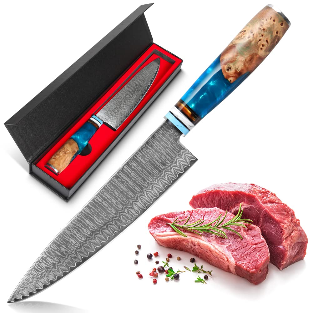 KEENZO Damascus Chef Knife 8 inch, Professional Kitchen Knives set, Sharp High Carbon Stainless Steel Cooking Knife, Ergonomic Blue Resin & Natural Wood Handle with Gift Box for Home & Restaurant