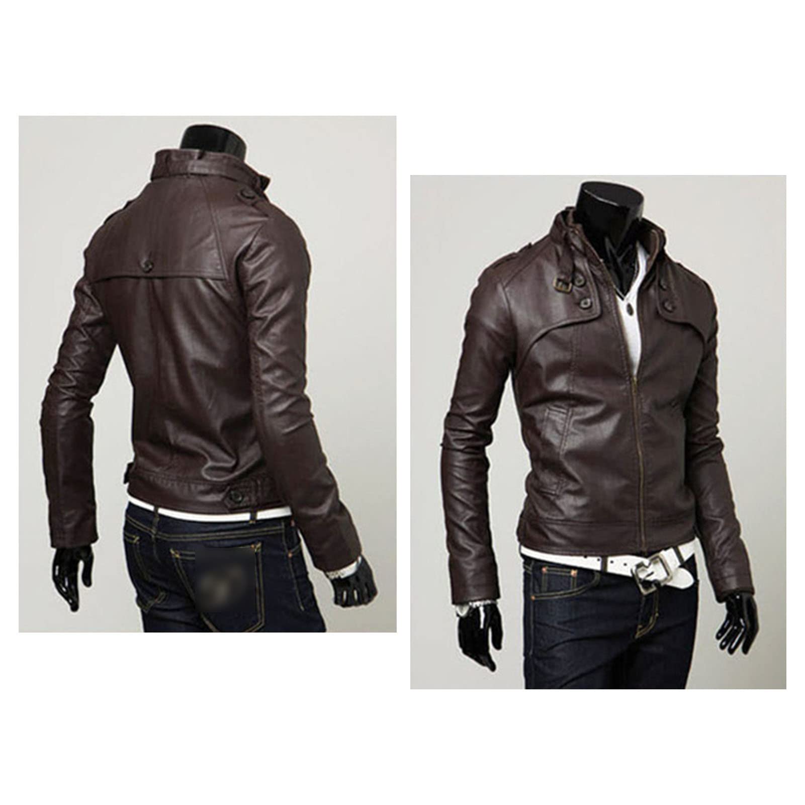 Maiyifu-GJ Men Stand Collar Faux Leather Jacket Regular Fit Stylish Motorcycle Jackets Lightweight Pu Vintage Outwear Coat (Dark Brown,Small)