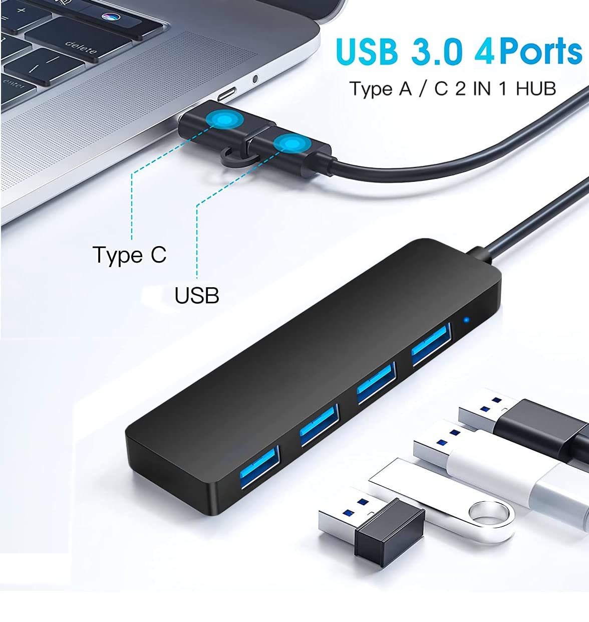 USB 3.0 Hub 2 in1 4-Port, Siawclub USB C to USB Splitter Expander for MacBook Pro, Laptop, Xbox, Flash Drive, HDD, Printer, Camera, Keyborad, Mouse