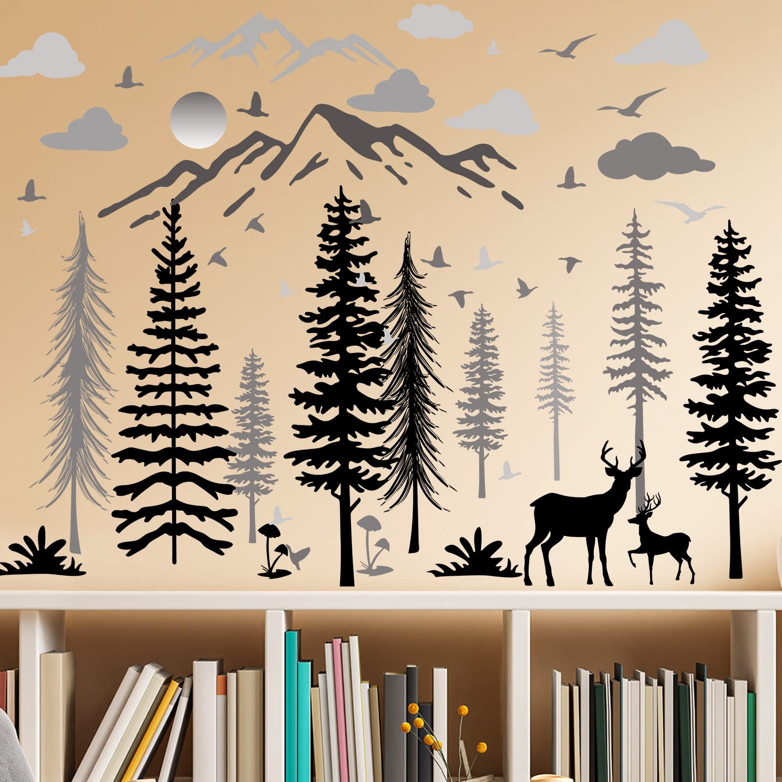 8 Pieces Winter Forest Wall Stickers Nursery Snowflake Wall Decals Dreamy Forest Wall Stickers Deer Pine Tree Wall Decals Woodland Trees Wall Decals for Kids Room Winter Decor(Black, White, Gray)