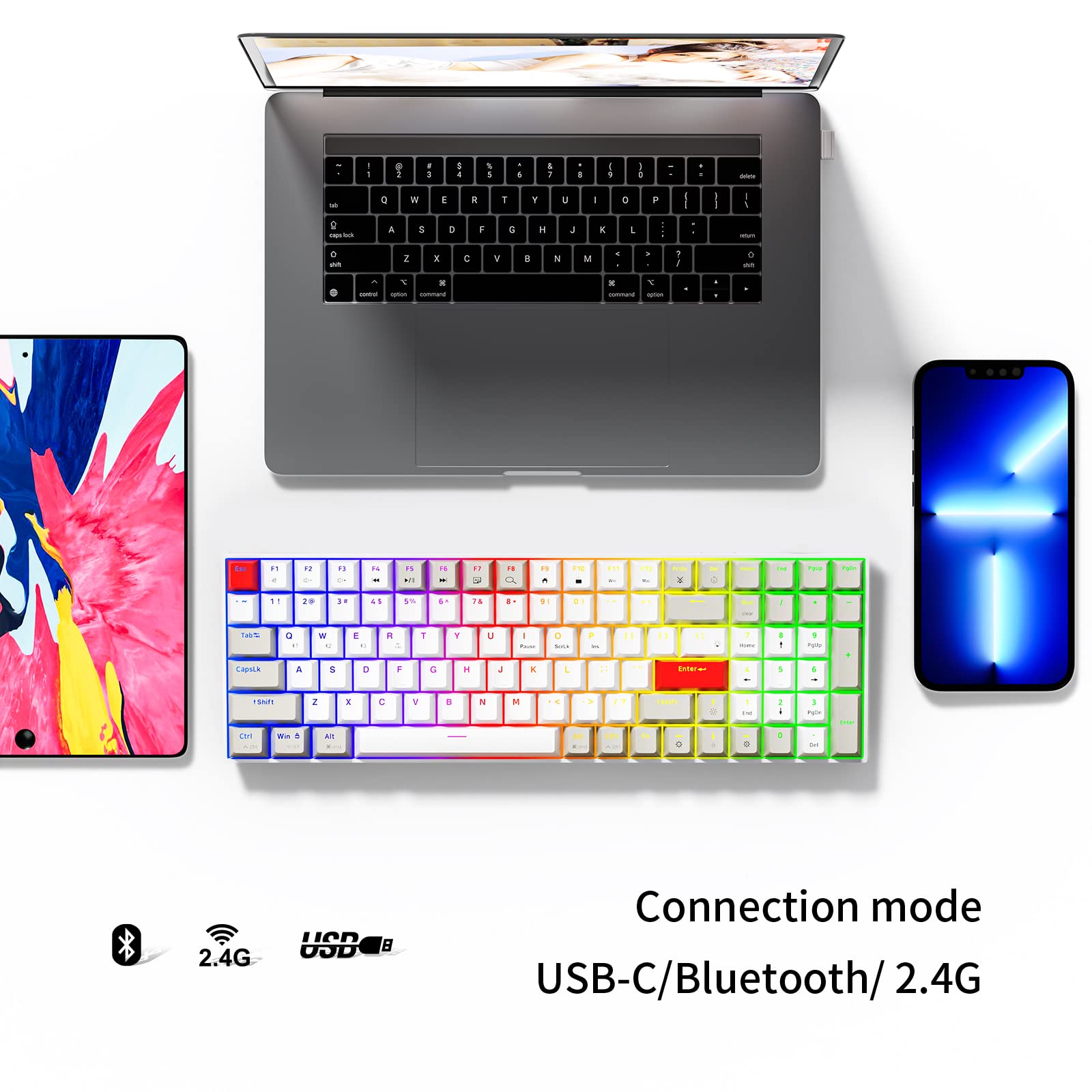 Newmen GM1000 Wireless Gaming Keyboard,Wired/Bluetooth/2.4G Anti-Ghosting RGB Backlit Led Computer 100 Keys Mechanical Hot Swappable Keyboard for Windows PC Mac Gamers(Blue)