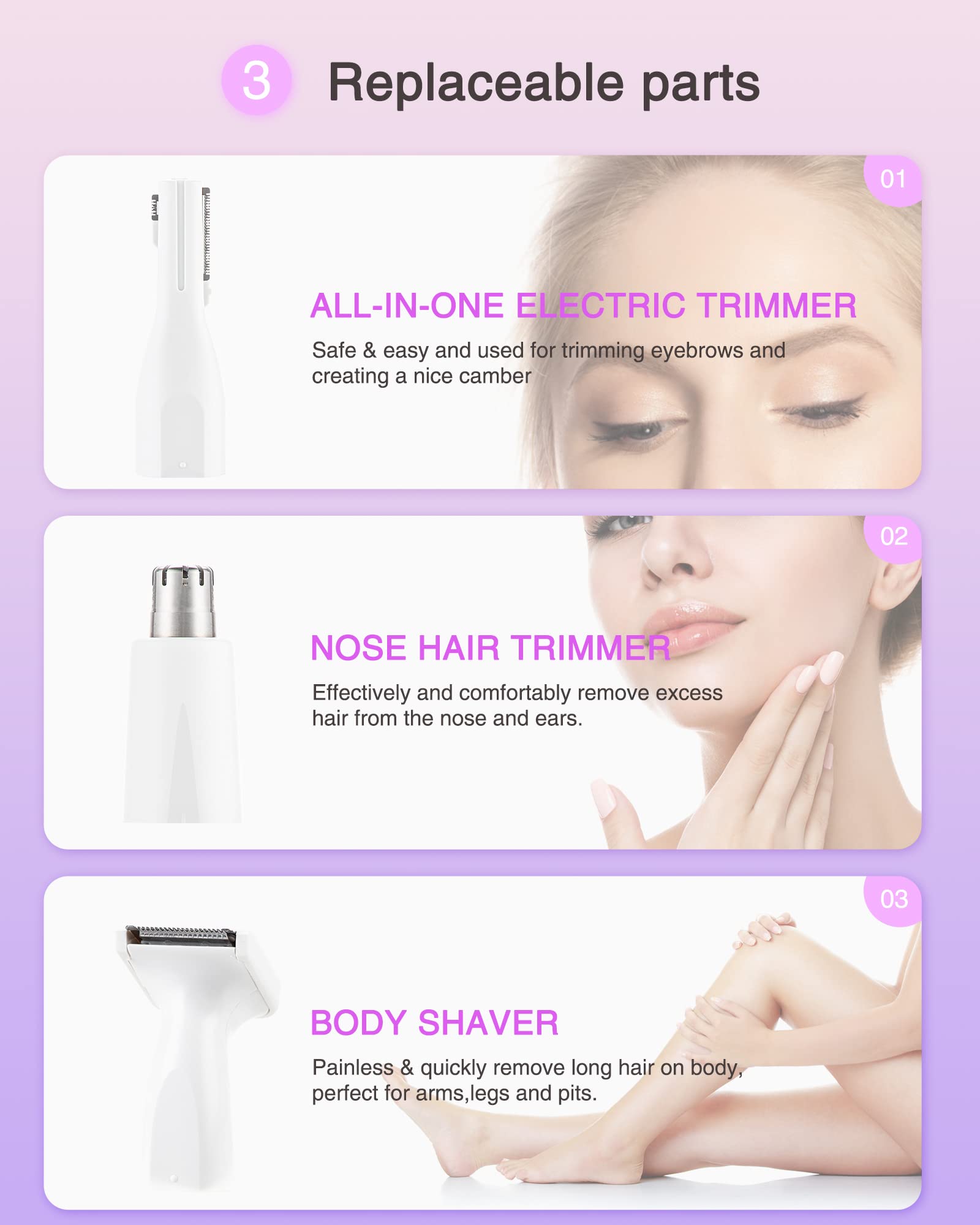 UTOTEBAG Nose Hair Trimmer for Women, 3 in 1 Rechargeable Ear and Nose Hair Trimmer for Women, Painless Eyebrow Trimmer & Body Hair Trimmer for Nose, Ear, Eyebrow, Arms, Legs