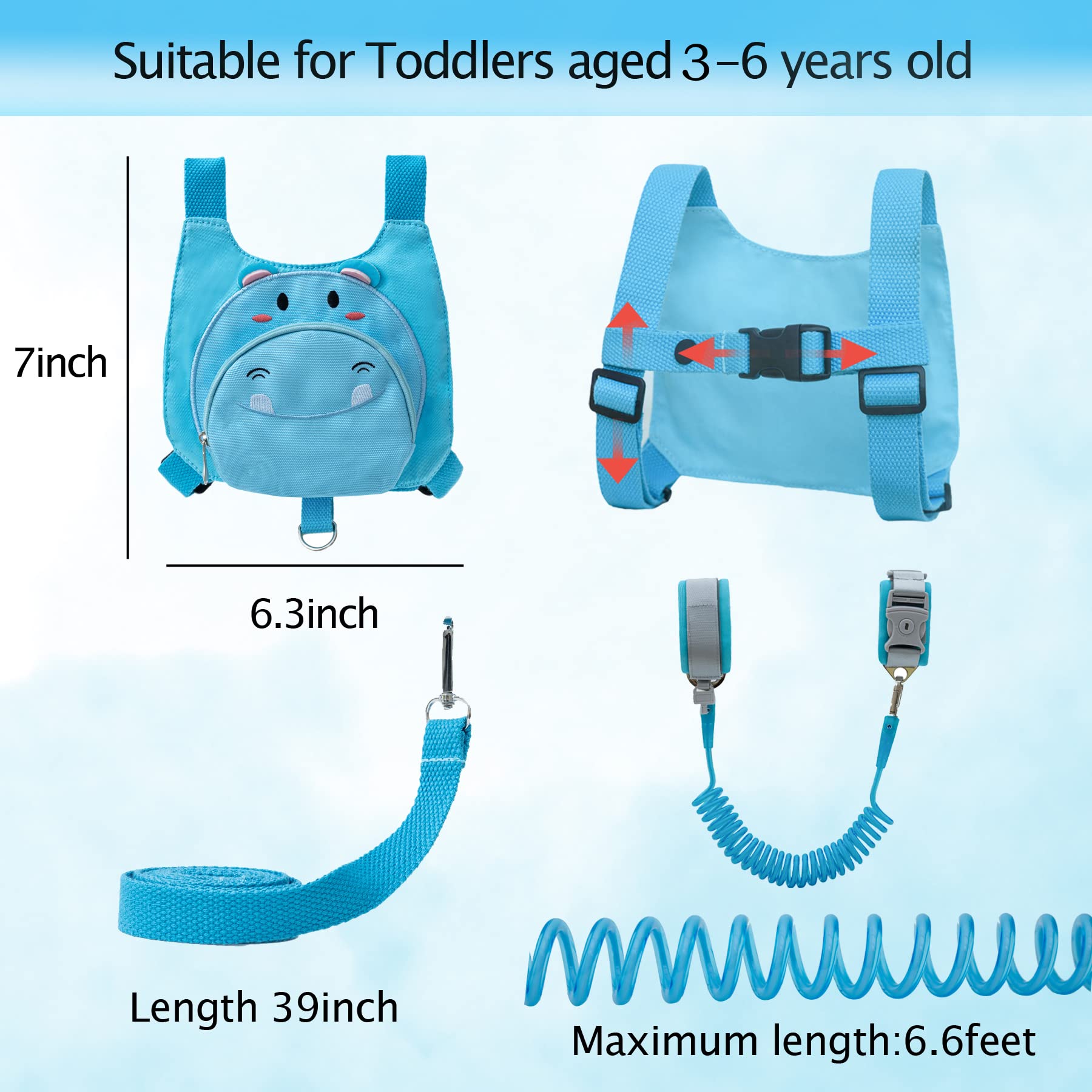 Toddlers Cute Animal Safety Harness with Leashes Kids Anti Lost Wrist Leash Link Wristlets,Hippo