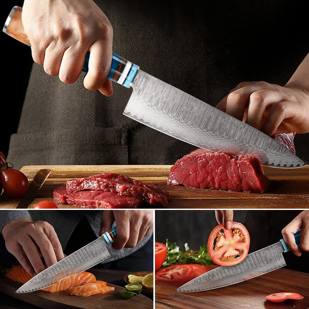 KEENZO Damascus Chef Knife 8 inch, Professional Kitchen Knives set, Sharp High Carbon Stainless Steel Cooking Knife, Ergonomic Blue Resin & Natural Wood Handle with Gift Box for Home & Restaurant