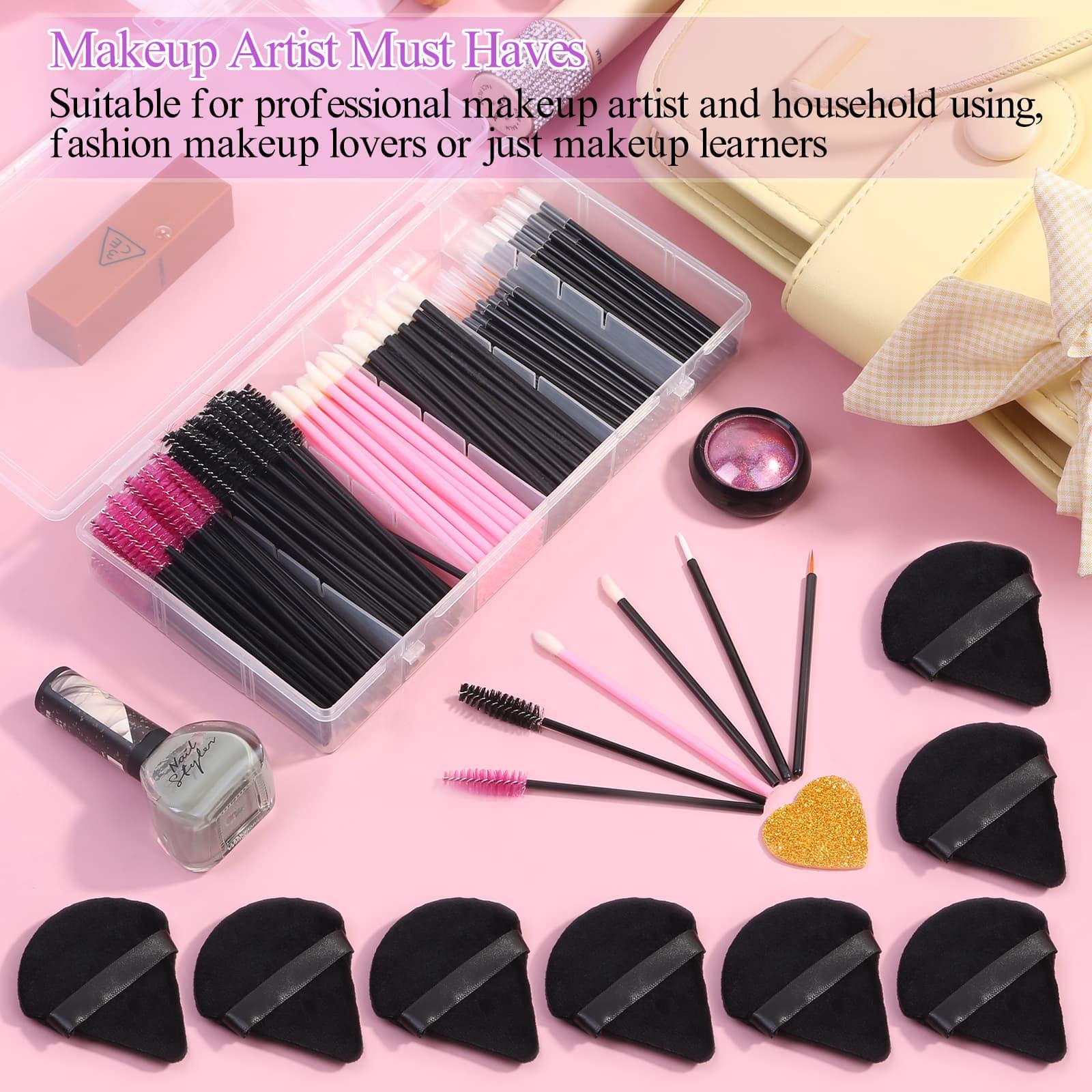 248 Pcs Disposable Makeup Applicators with Triangle Makeup Puffs, Mascara wands, Disposable Lip Applicators, Eyelash liner Brushes Disposable Makeup Applicator Kit for Makeup Artist Supplies