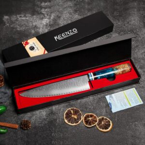 KEENZO Damascus Chef Knife 8 inch, Professional Kitchen Knives set, Sharp High Carbon Stainless Steel Cooking Knife, Ergonomic Blue Resin & Natural Wood Handle with Gift Box for Home & Restaurant